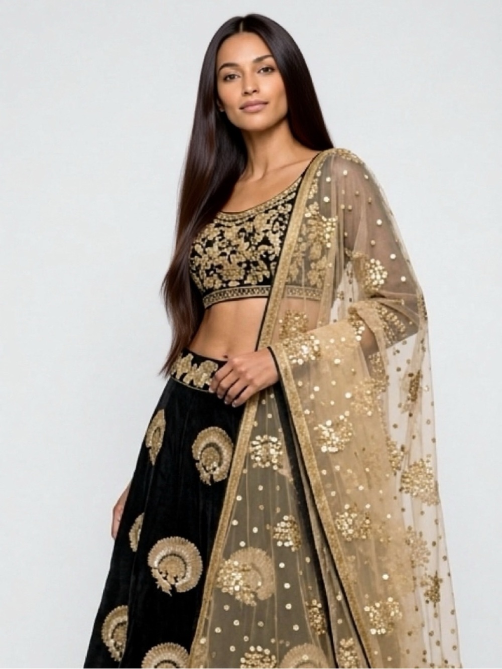 Unique Elegant Black & Gold Embroidered Lehenga Set with Gold Dupatta
